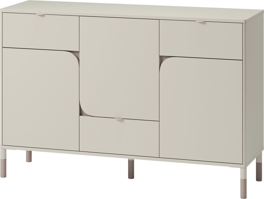 A light beige sideboard with rounded door details and thin legs.