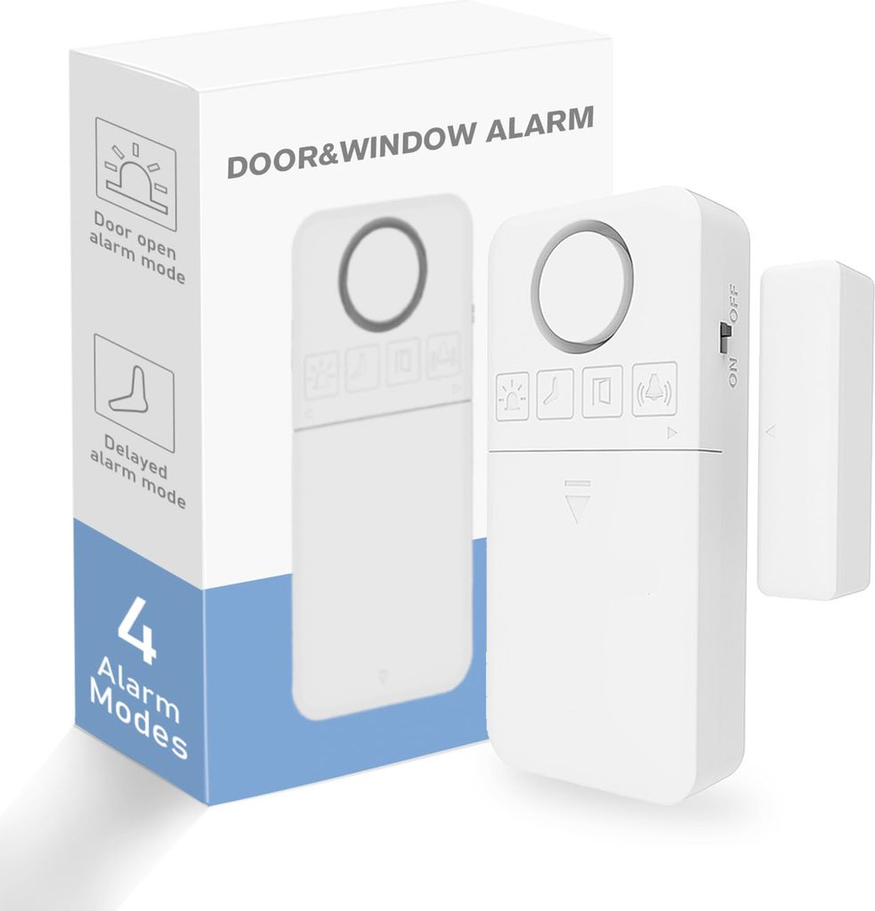 Fensteralarm mit Funktionsanzeige, 130 dB Tür-Fenstersensor, vier Alarmmodi, Türalarm mit Verzögerung, kabelloser Einbruchschutz an Tür- und Ba...