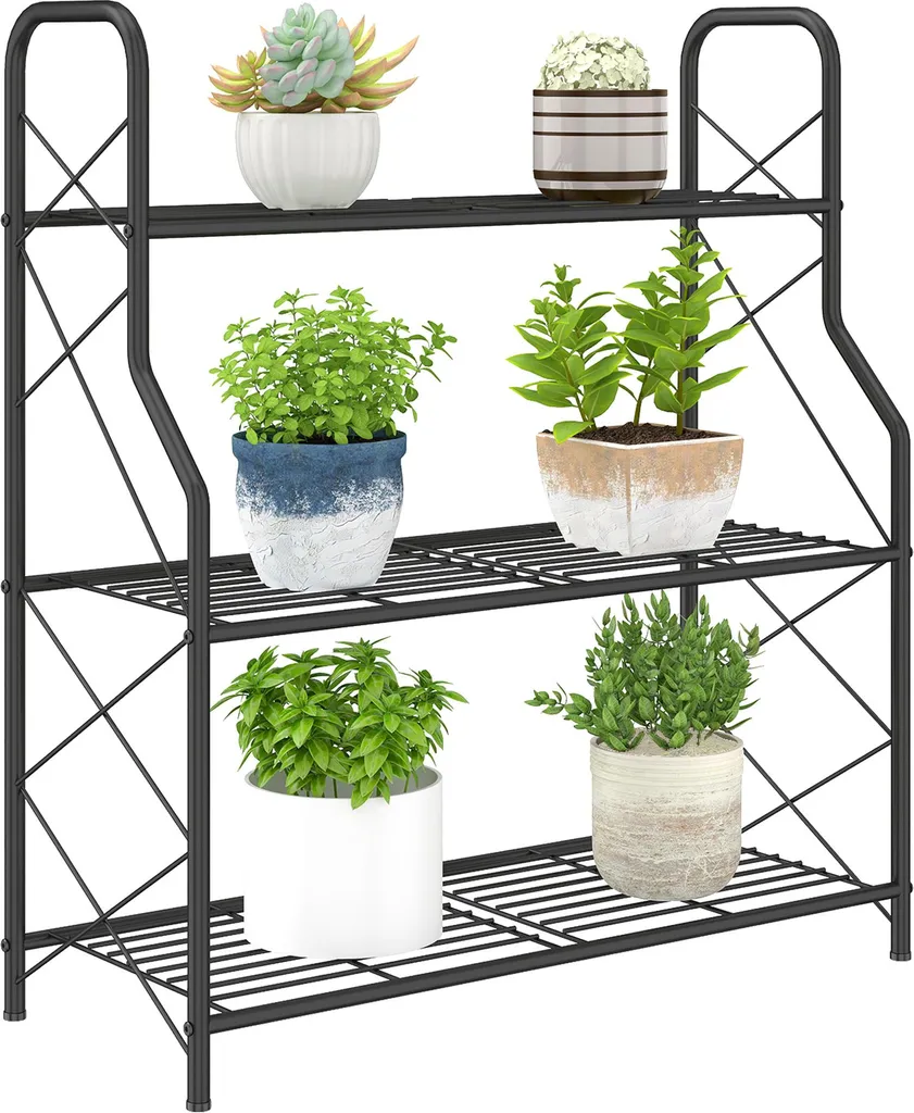 Étagère à fleurs noire en métal à 3 étages - Support plantes intérieur