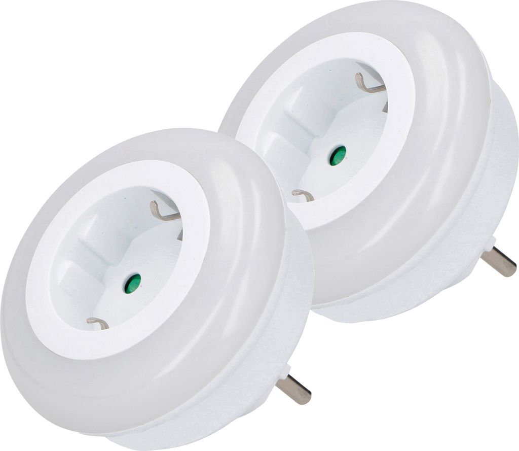 Two white LED night lights with electrical sockets are shown against a white background.