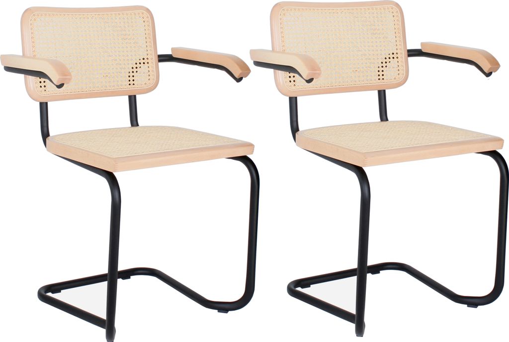 pemora 2-er Set Freischwinger / Schwingstuhl Armlehnstuhl Stapelstuhl mit Wiener Geflecht - Holzrahmen-natur, Gestell schwarz - montiert