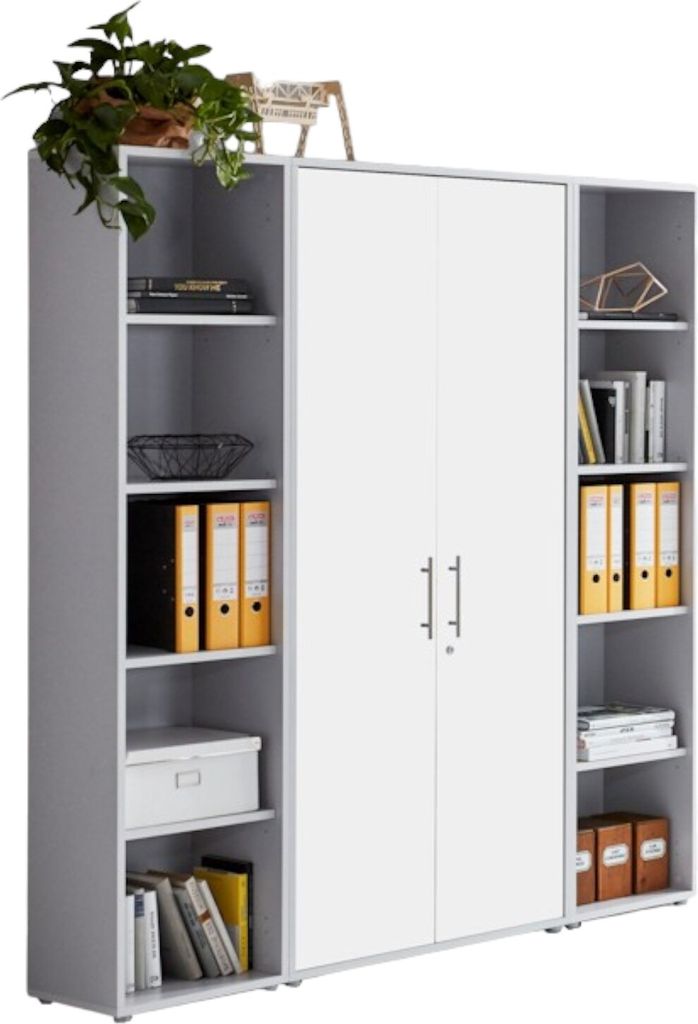 Aktenschrank TABOR 3 in lichtgrau / weiß matt, Schrankwand, Büroschrank, abschließbar, Metallgriffe
