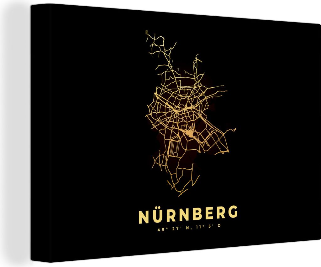 OneMillionCanvasses - Leinwandbilder - 140x90 cm, Nürnberg - Karte - Gold - Stadtplan - Karte, Wandbilder Kunstdruck Wanddekoration - Foto auf L...