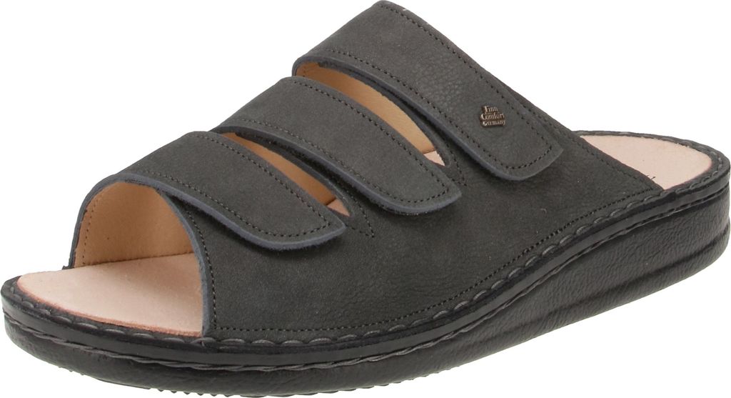 A single dark gray sandal is shown from a diagonal angle on a white background.