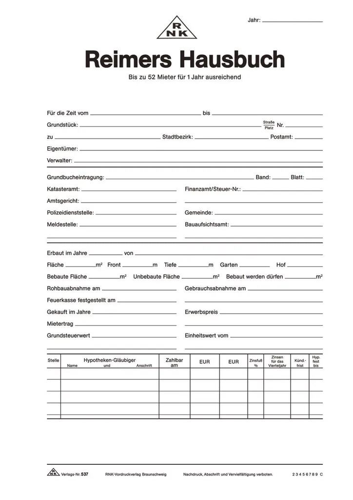 RNK Verlag 537 Reimers Hausbuch Calendrier Mensuel Format DIN A4