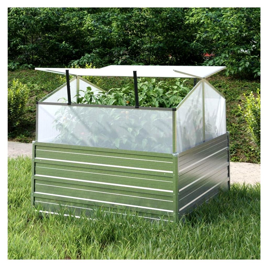 Haus & Garten, Rasen & Garten, Gartenarbeit, Töpfe & Pflanzgefäße, Hausgarten Hochbeet mit Gewächshaus, 100x100x85 cm, Silber
