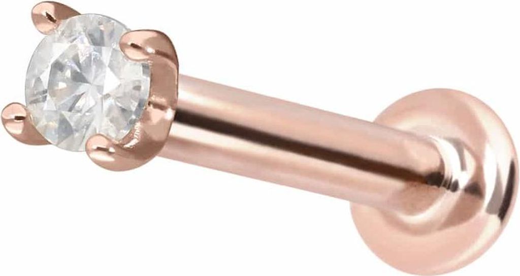 Ohrpiercing, Nasenpiercing 14 Karat Gold Labret mit Innengewinde MOISSANIT RoséGold Stablänge: 7mm | Stabstärke: 1,2mm | Kristallgröße: 2mm