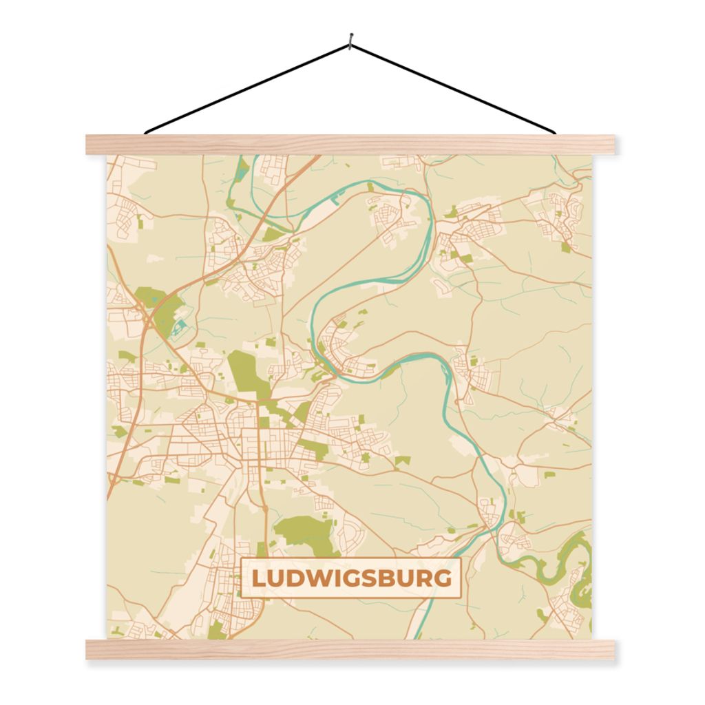 MuchoWow Textilposter Stadtplan - Ludwigsburg - Stadtplan - Vintage 120x120 cm mit holzfarbenen Rahmen - Textil-Poster