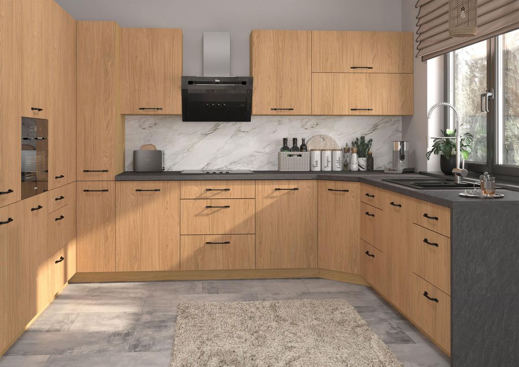 U-Form Küchenzeile CASELLA Einbauküche Holzoptik Farbe & Ausführung wählbar REJS Comfortbox Vollauszug Casella Eiche Natur Eiche Artisan