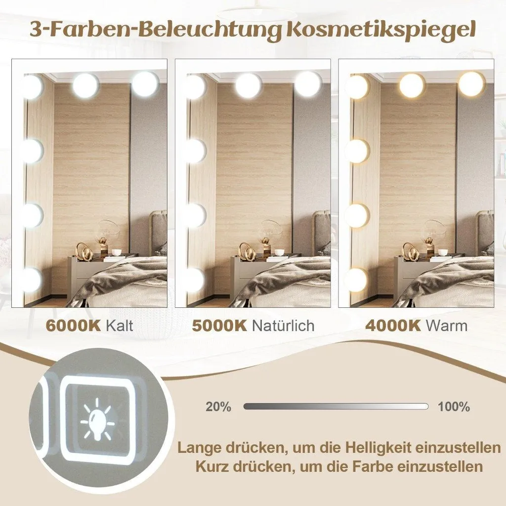 Grand miroir maquillage Hollywood 58x46 cm, chargeur USB et Bluetooth