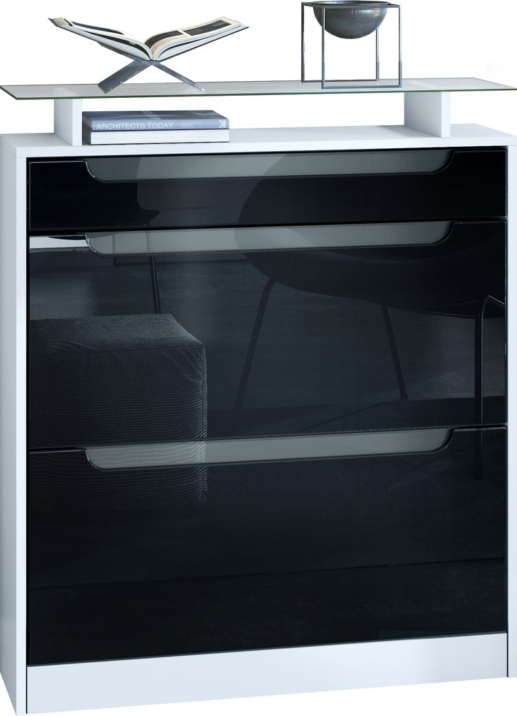 Vladon Schuhschrank Fiesta, Weiß matt/Schwarz Hochglanz/Grau Hochglanz Schuhkipper für 16 Paar Schuhe mit 2 Klappen (89 x 104 x 23 cm)