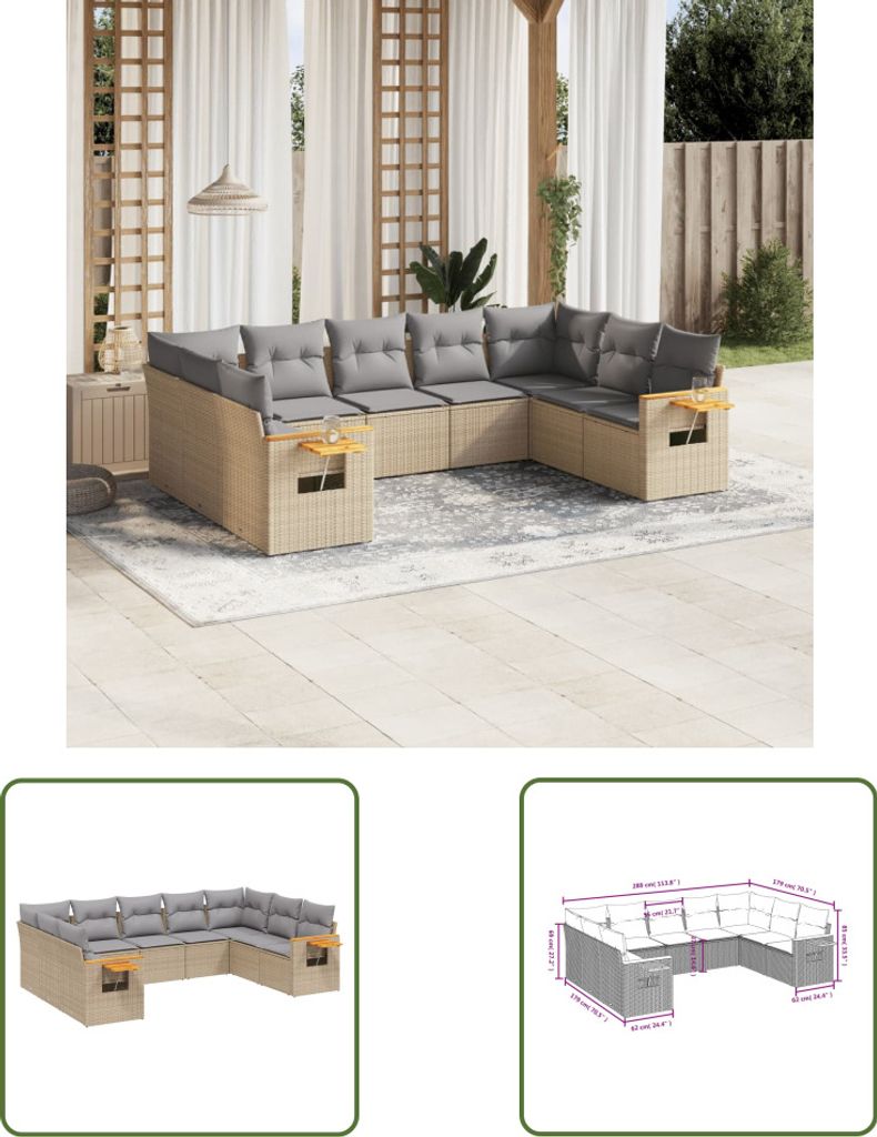 The Living Store 9-tlg. Garten-Sofagarnitur mit Kissen Beige Poly Rattan