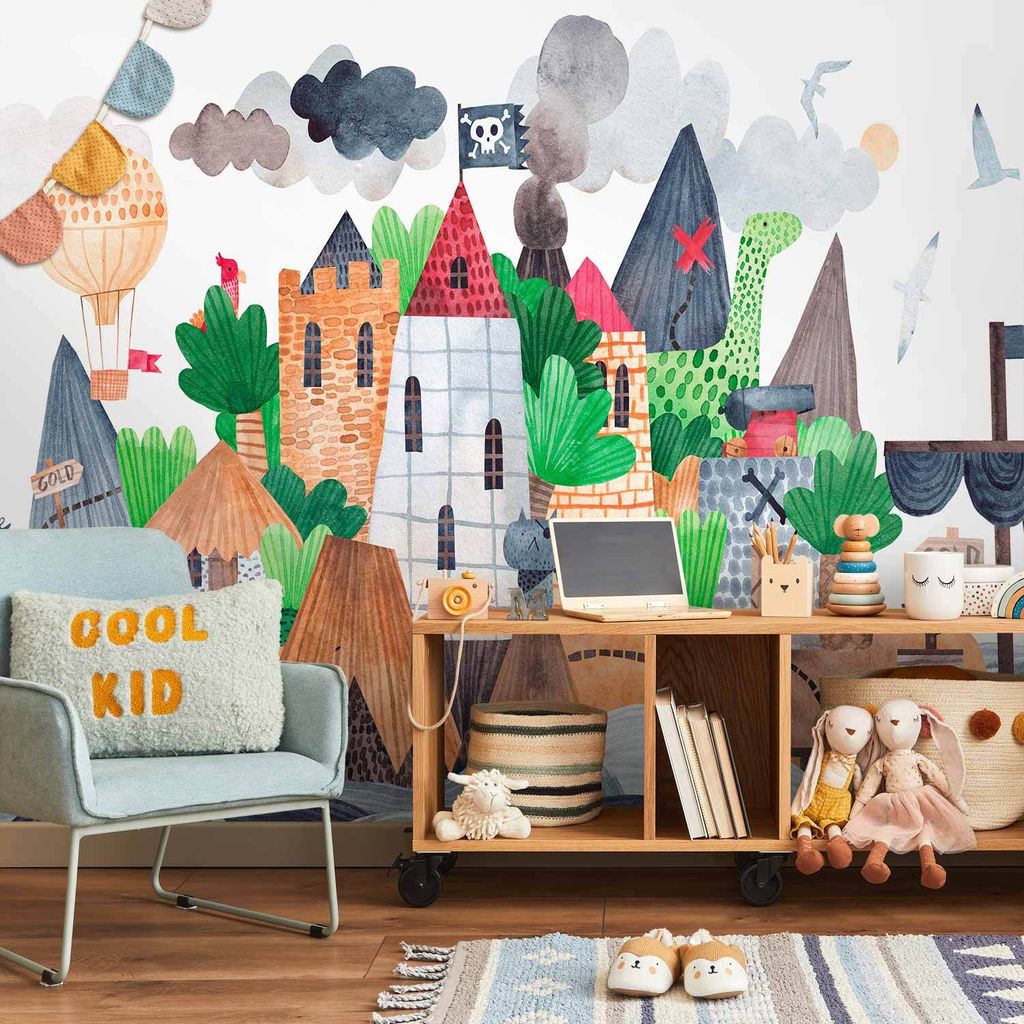 Vlies Fototapete - A colourful treasure island with a castle - a pirate ship at sea for children 350x245 cm Für Kinder e-B-10011-a-a