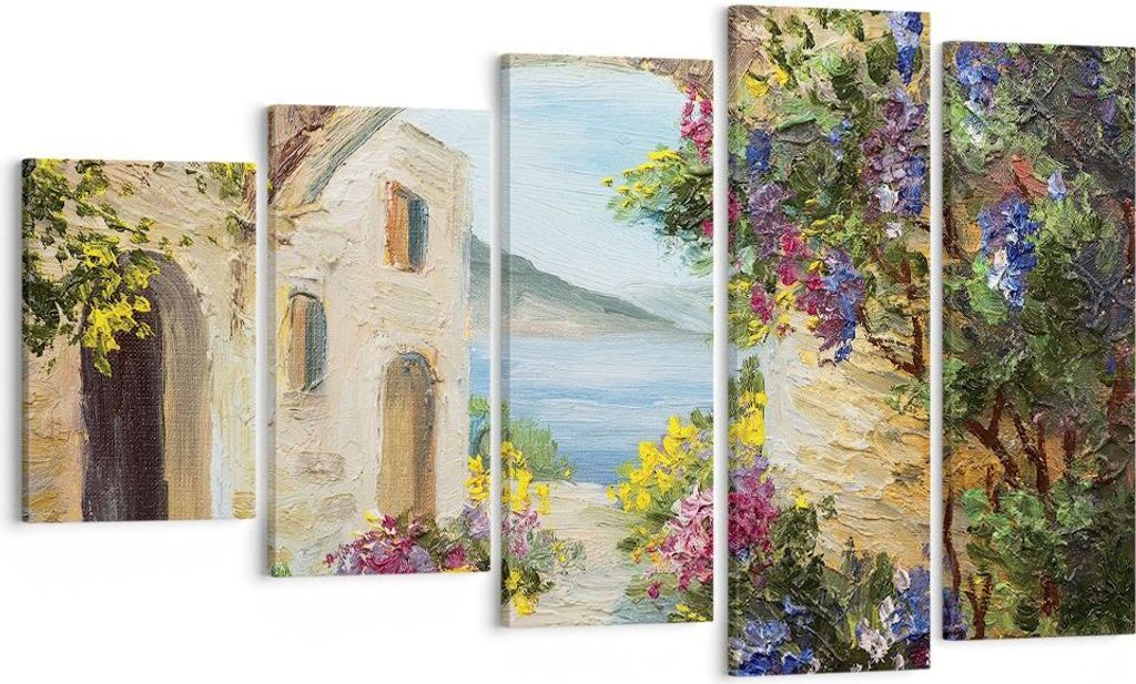 Bild auf Leinwand - Leinwandbild - 5 Teile - Haus Santorini Blumen - 100x60cm - Wand Bild - Wanddeko - Wandbilder - Leinwanddruck - Bilder - Wandde...