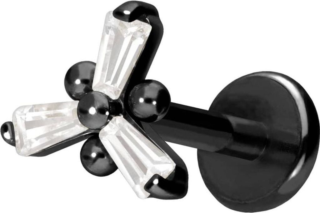 Ohrpiercing, Nasenpiercing Titan Labret mit Push Fit KRISTALLBLUME Schwarz Stablänge: 8mm | Stabstärke: 1mm