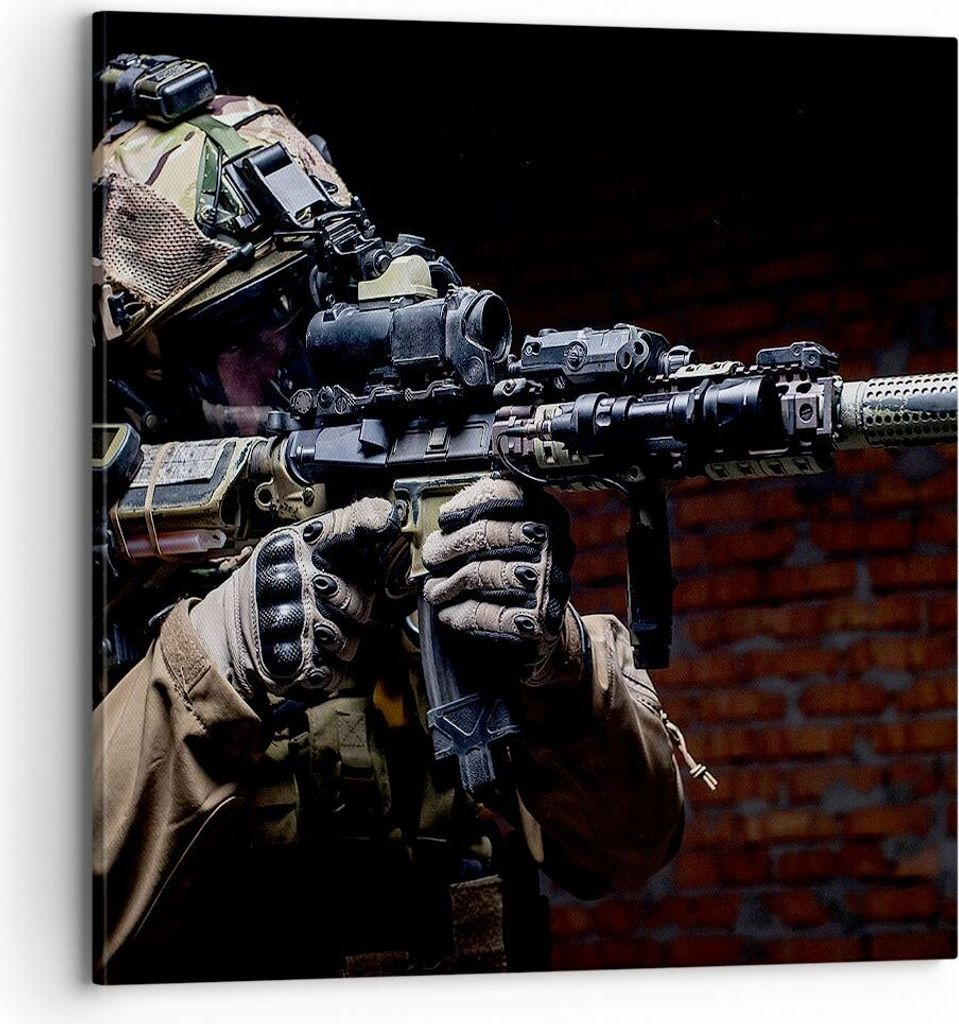Bild auf Leinwand - Leinwandbild - Soldat Gewehr - 70x70cm - Wand Bild - Wanddeko - Wandbilder - Leinwanddruck - Bilder - Kunstdruck - Wanddekorati...