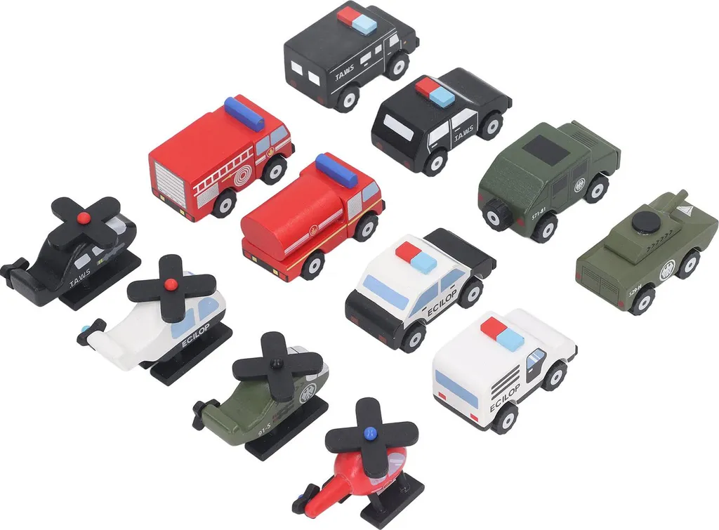 Ensemble de voitures et avions miniatures en bois - Jouet de police