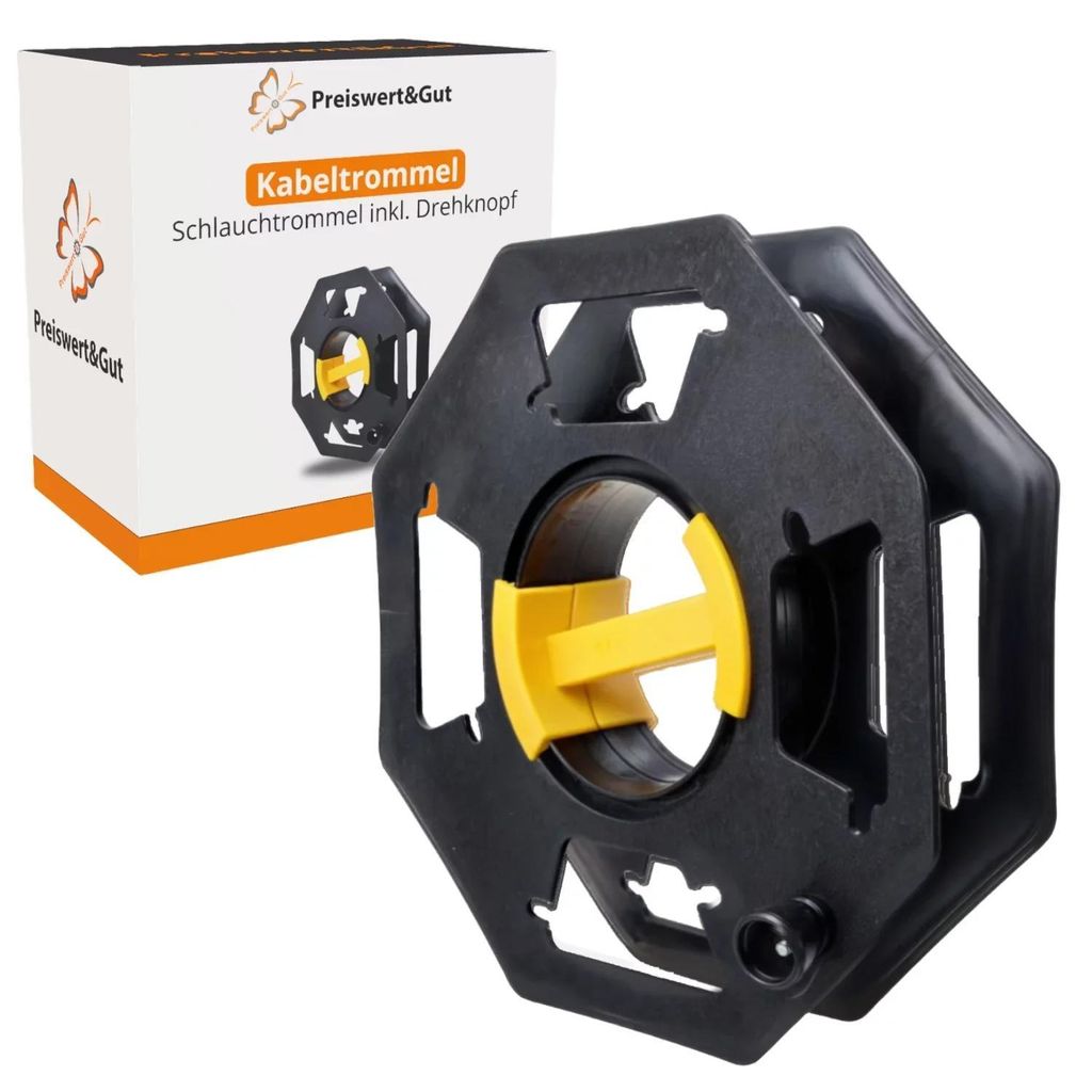 Leere Kabelrommel schwarz gelb mit Drehknopf und Griff aus Produktbild 