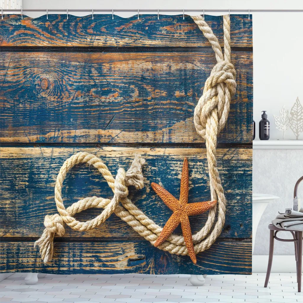 ABAKUHAUS Tenda da doccia in stile marittimo, corda blu navy e stella marina su sfondo di assi di legno antico, 175 x 240 cm, blu notte ambra