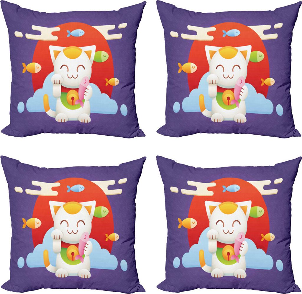 ABAKUHAUS japanische Katze Kissenbezug Set (4 Stück), Maneki Neko Münzen Fisch, Moderner Doppelseitiger Digitaldruck, 50 cm x 50 cm, Vermilion Senf