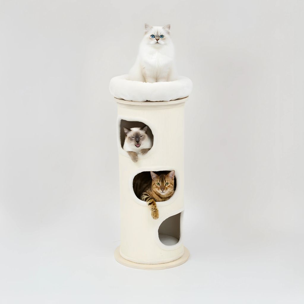 PetRhein Kratztonne 110cm,Kratzbaum aus Bambus und Sisal mit Zwei Kuschelhöhlen und Aussichtsplattform, Durchmesser 48 cm, Katzenturm für große ...