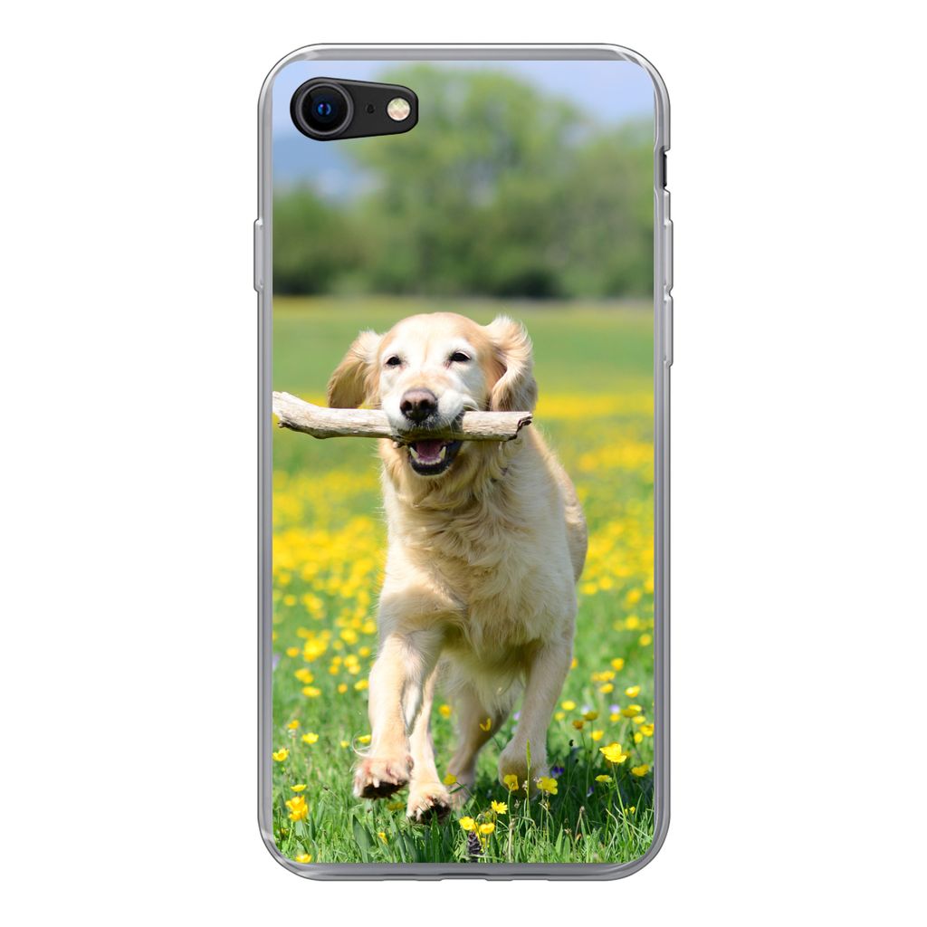 MuchoWow Handyhülle Schutzhülle Hülle für iPhone 7 Golden Retriever mit einem Zweig im Maul zwischen gelben Blumen Silikon Softcase Handy Hü...