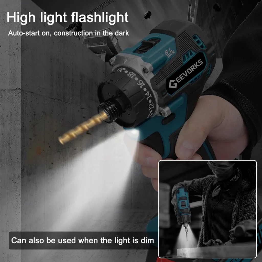 Perceuse électrique sans fil 21V brushless pour percer dans l'obscurité