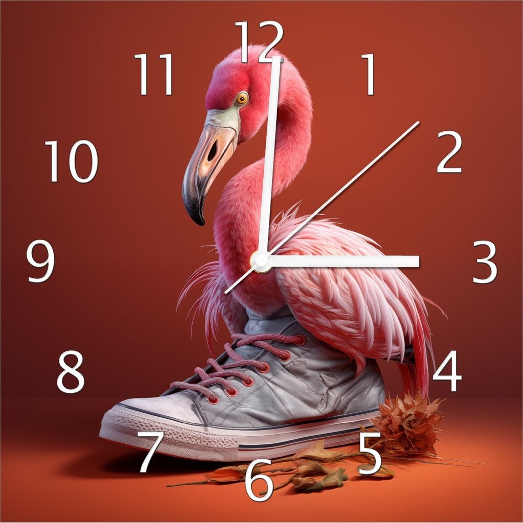 Wallario Design Wanduhr Flamingo im Sneaker aus Echtglas, Größe 30 x 30 cm