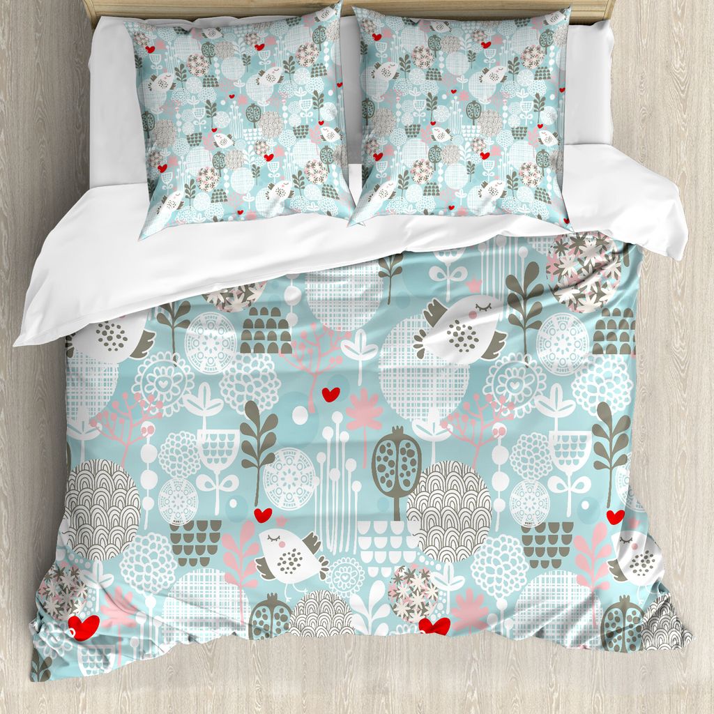 ABAKUHAUS Blumen Bettbezug, Valentines Vögel, Milbensicher Allergiker geeignet mit Kissenbezügen, 155 cm x 220 cm - 80 x 80 cm, Mehrfarbig