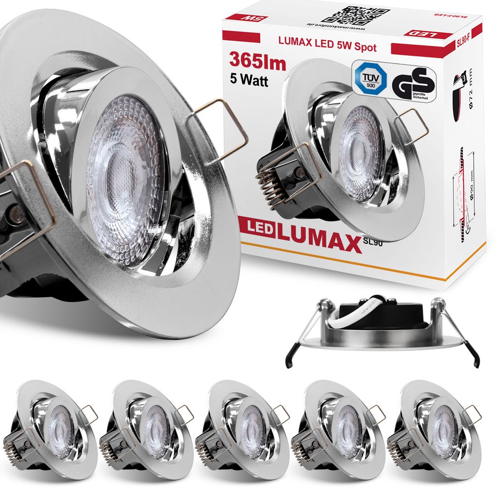 6x LED Einbaustrahler dimmbar Ultra Flach 5 Watt Chrom schwenkbar 230V Rund warmweiß IP20 Deckenstrahler Spot Deckenspot Lumax SL-90
