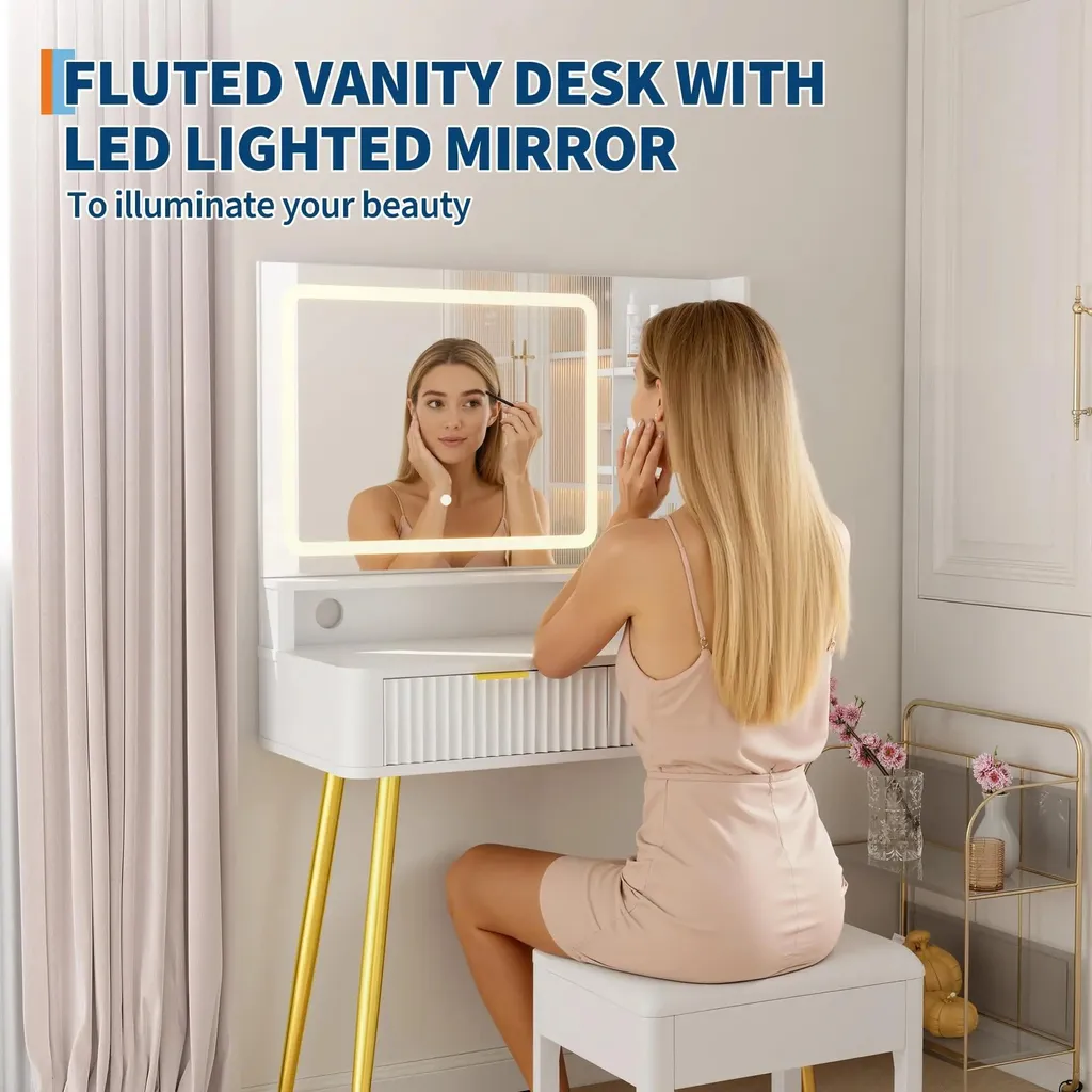 Table de maquillage blanche rainurée - Coiffeuse LED à 2 tiroirs chic - 5