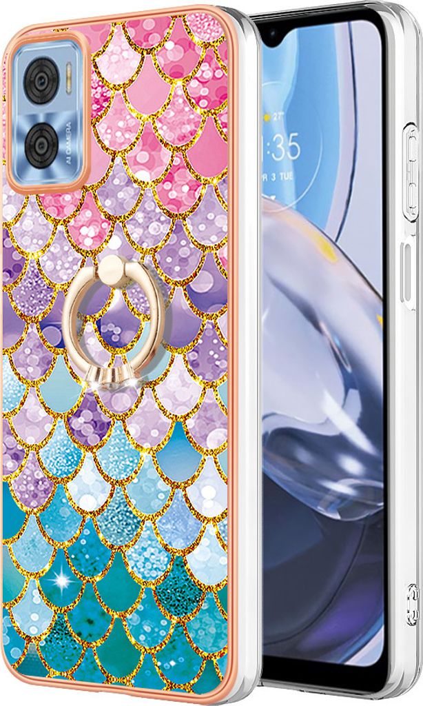 Hülle für Motorola Moto E22 Muster TPU Silikon Stoßdämpfer Bumper Schutzhülle mit Ring Ständer Bunt