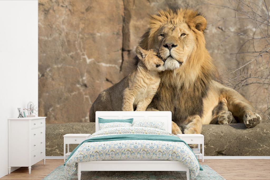 MuchoWow Fototapete für Wohnzimmer oder Schlafzimmer Wandtapete Vinyl Motivtapete Löwen - Steine - Porträt - 450x300 cm - Gemusterte