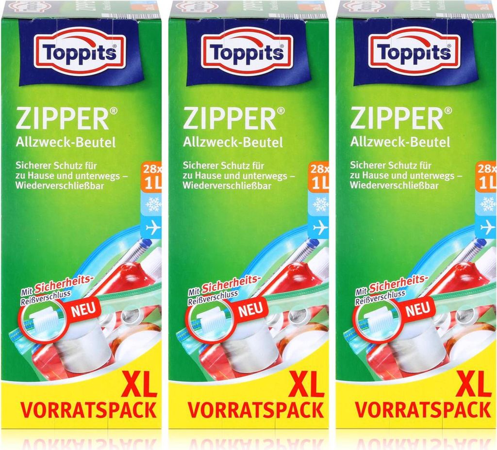 Toppits Zipper Allzweck-Beutel 20x15cm - Vorratspack XL 28x1 Liter (3er Pack)