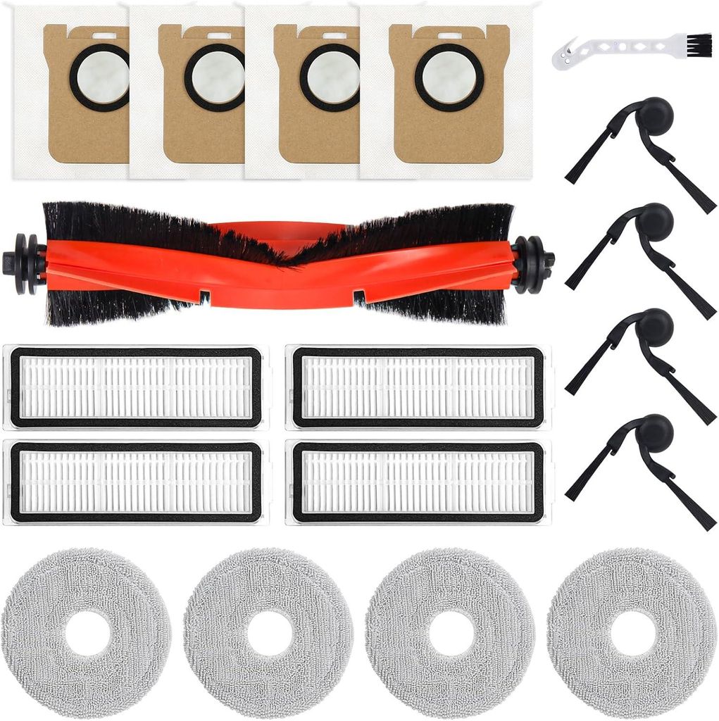 Zubehör Ersatz für Xiaomi 5/5 Pro Saugroboter, 1 Hauptbürste, 4 Seitenbürsten, 4 HEPA Filter, 4 Wischtücher, 4 Staubbeutel, 1 Reinigungsbürste