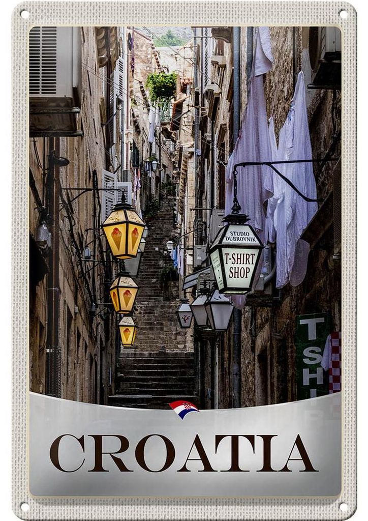 Blechschild Reise 20x30cm Kroatien Altstadt Treppen Laterne