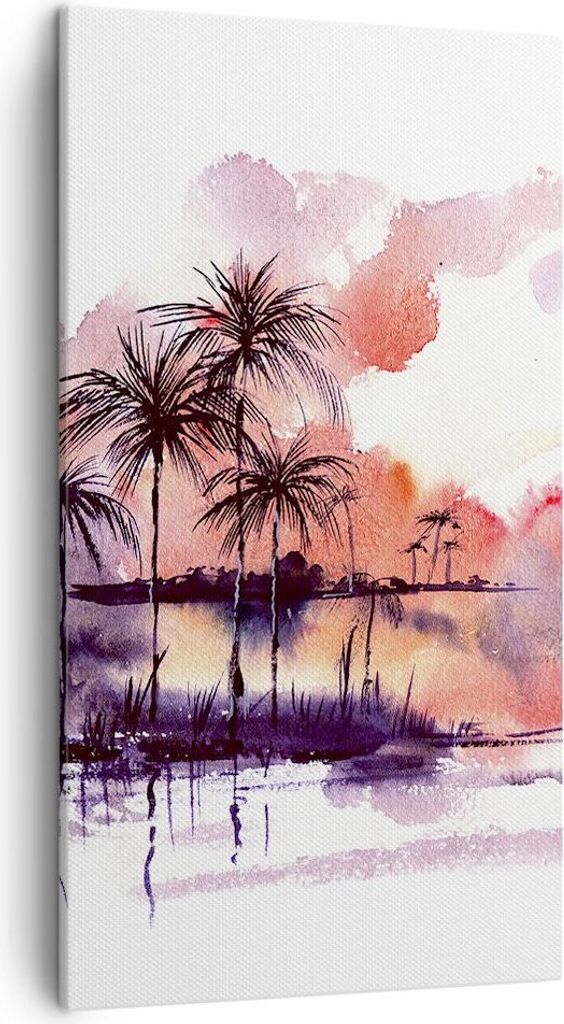 Bild auf Leinwand - Leinwandbild - Tropen Palmen Illustration Pflanze - 45x80cm - Wand Bild - Wanddeko - Leinwanddruck - Bilder - Kunstdruck - Lein...