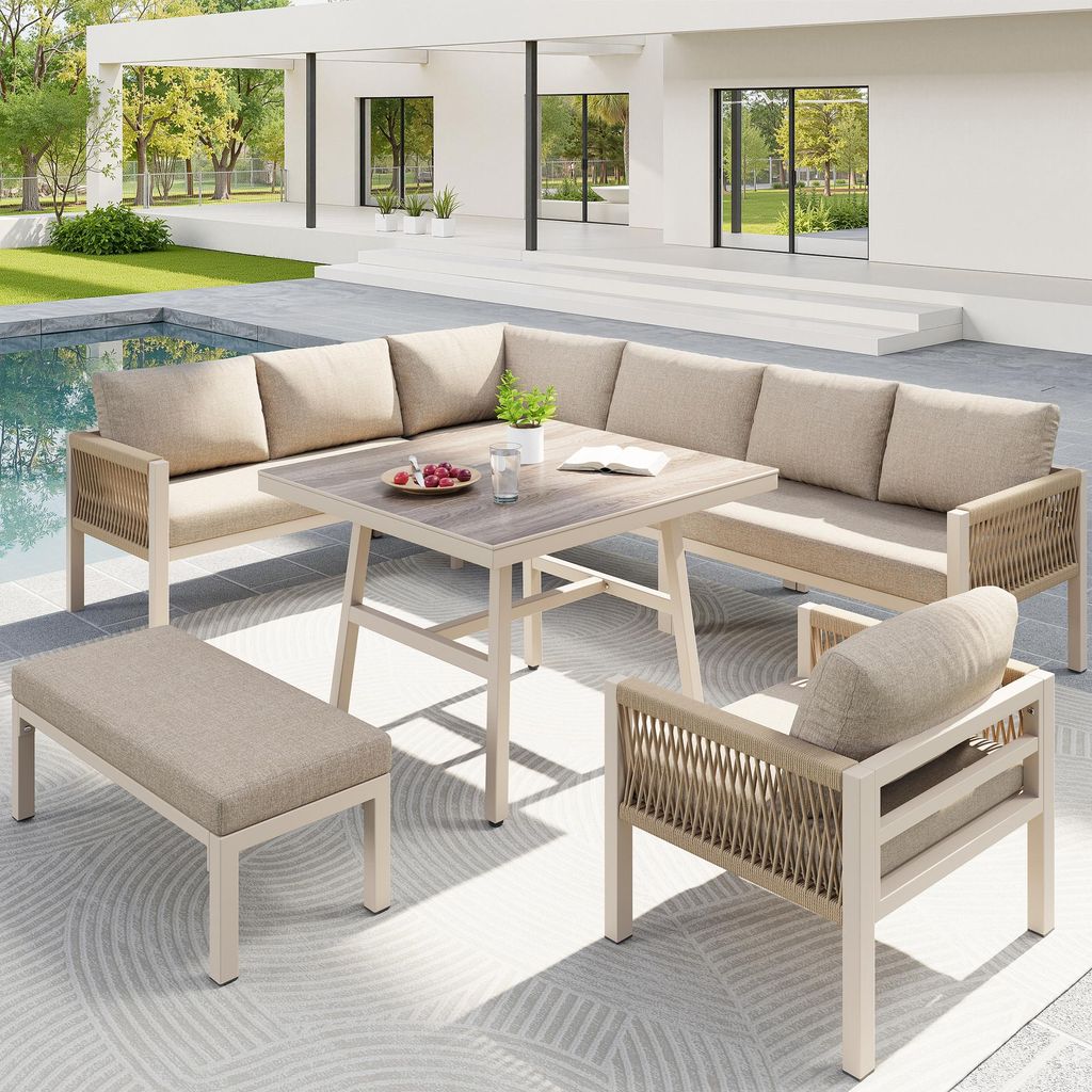 Sweiko Gartensofa Garnitur, handgeflochten, L-Form, für 8 Personen, Eisengestell, beige Polster, mit Tisch Holzoptik Glas + Sessel