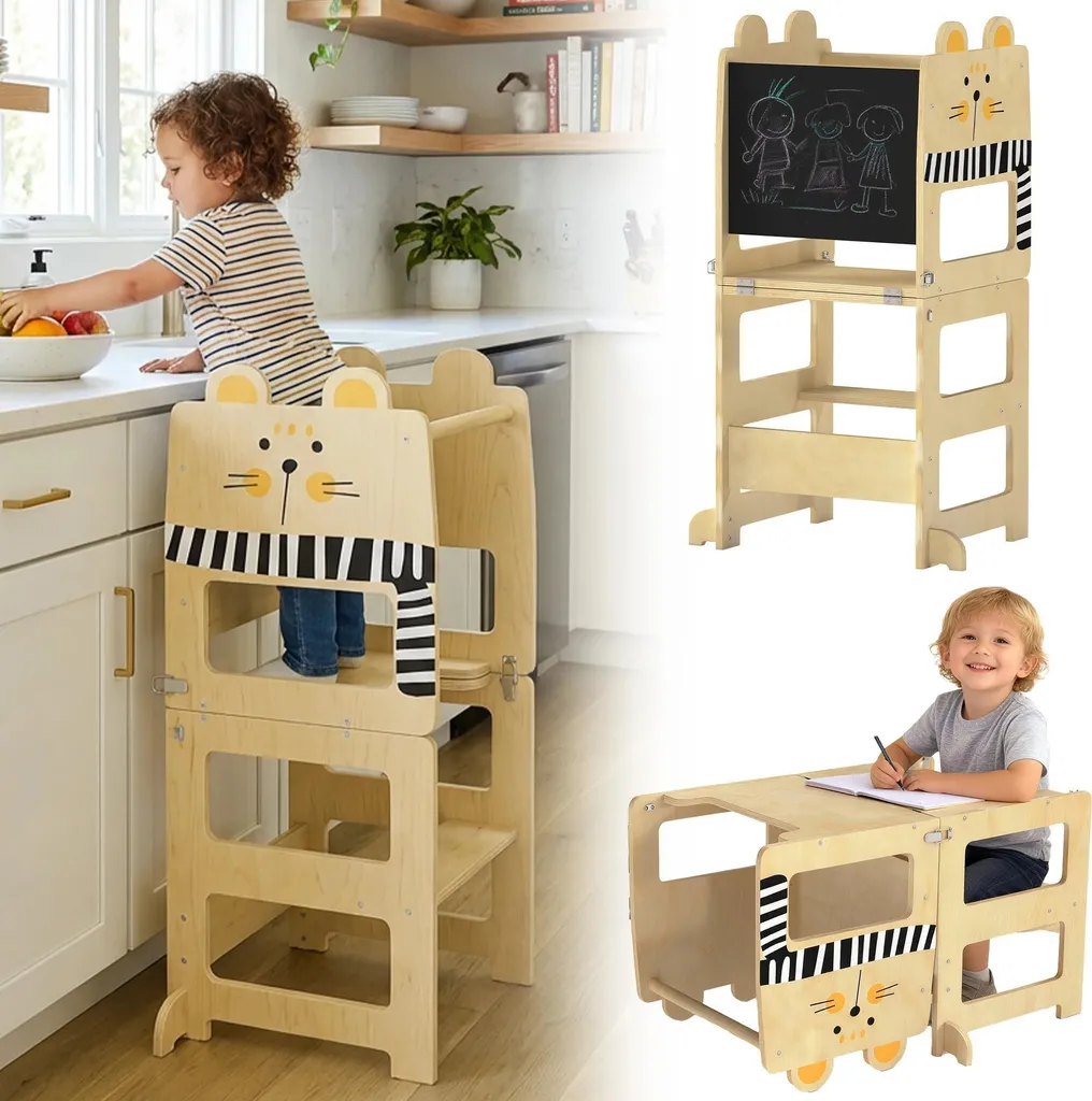Tour Montessori pliable gain de place pour petite cuisine bois naturel
