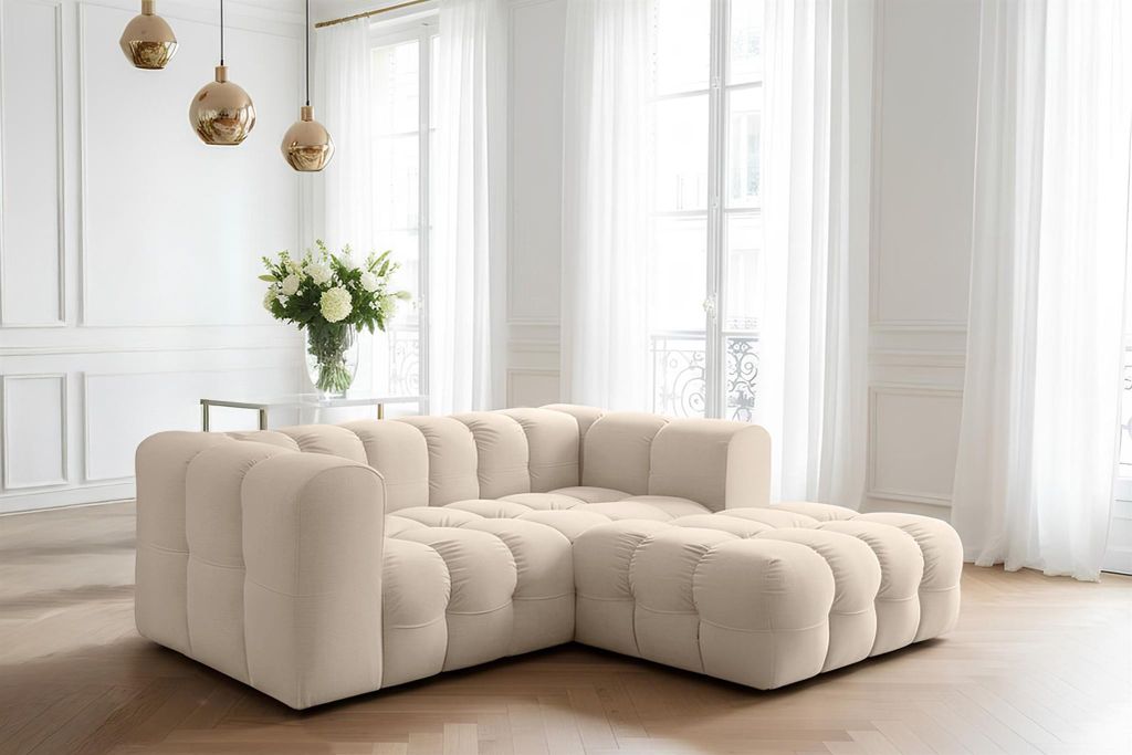 Ecksofa Designersofa SOLVIE XS in Stoff Tiffani Beige Ottomane Rechts
