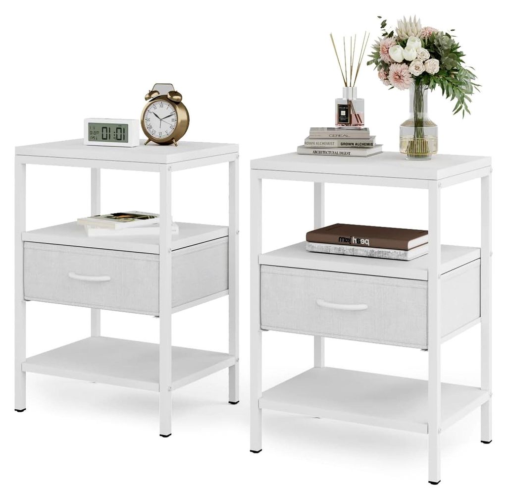 Nachttisch 2er Set, Beistelltisch mit Metallrahmen und 1 großen Stoffschublade, Couchtisch für Schlafzimmer und Wohnzimmer (Weiß)