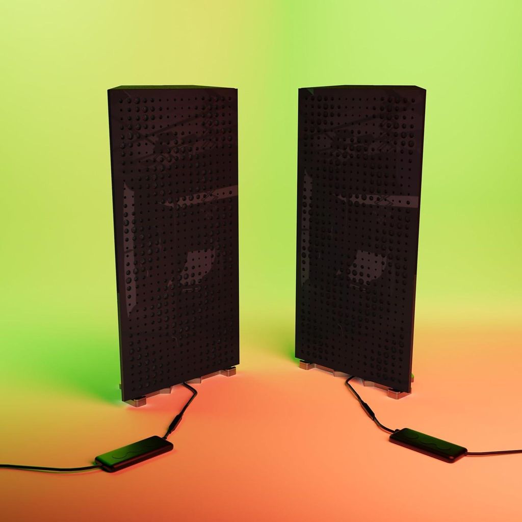 2er-Pack schmale Bassfallen "REBAT" mit RGB-Schreibtischlampe | Mobiler Ständer mit LED-Tischfuß | 23x50x10 cm | Farbe: Schwarz glänzender Kunst...
