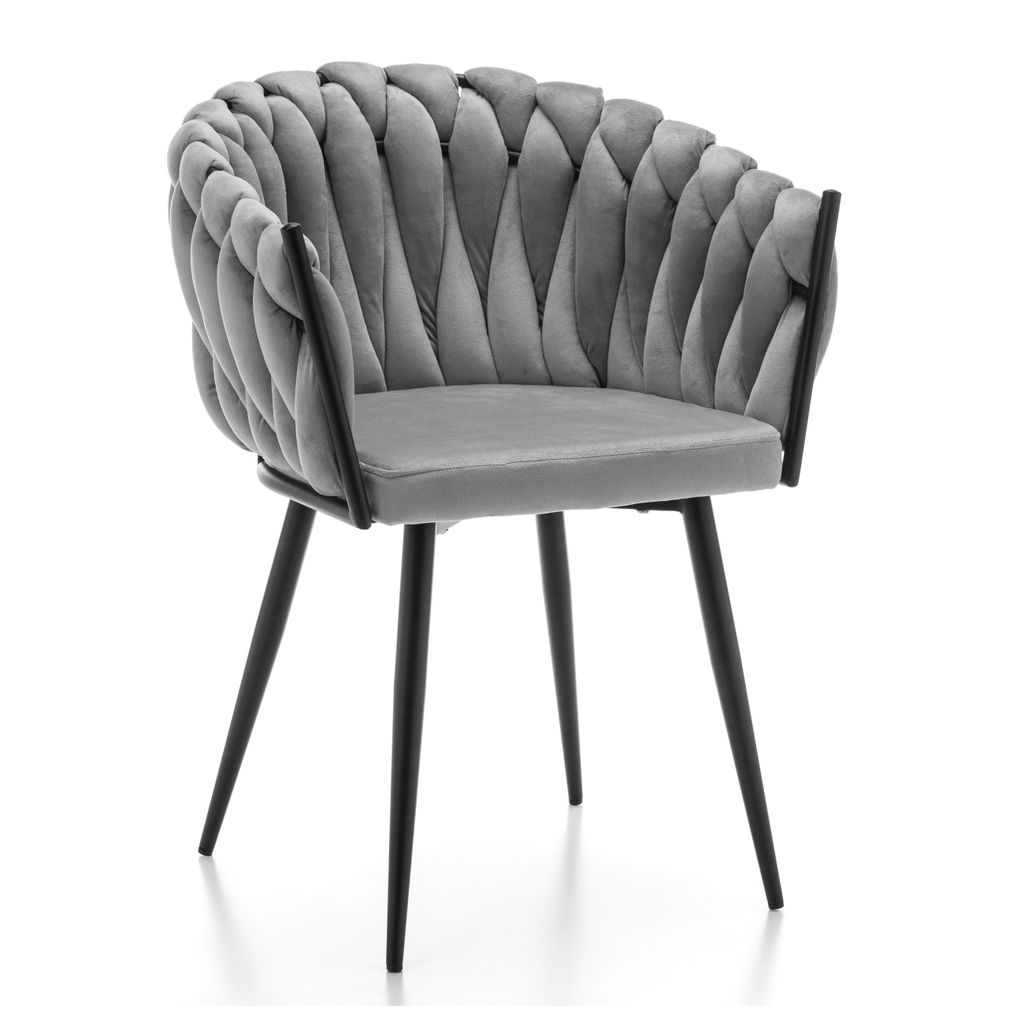 A gray velvet chair with a braided backrest and black metal legs, presented against a white background.