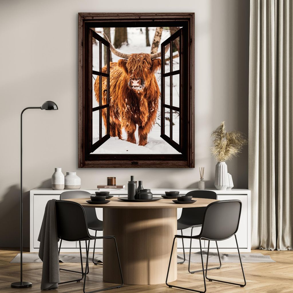MuchoWow Wanddekoration Metall Metallbild Wandkunst 90x120 cm Schottisches Hochlandrind - Schnee - Natur - Tiere - Durchsichtig - Winter MuchoWow A...