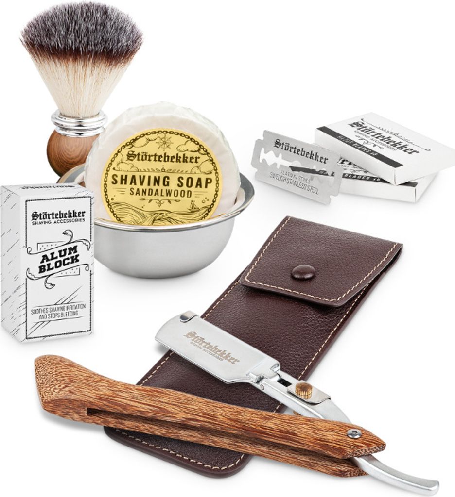 Störtebekker Premium Rasierset - Rasiermesser mit Holzgriff – inkl. Echtlederetui (Café) - Rasierseife Sandelholz Duft - Rasurset / Bartpfleg...