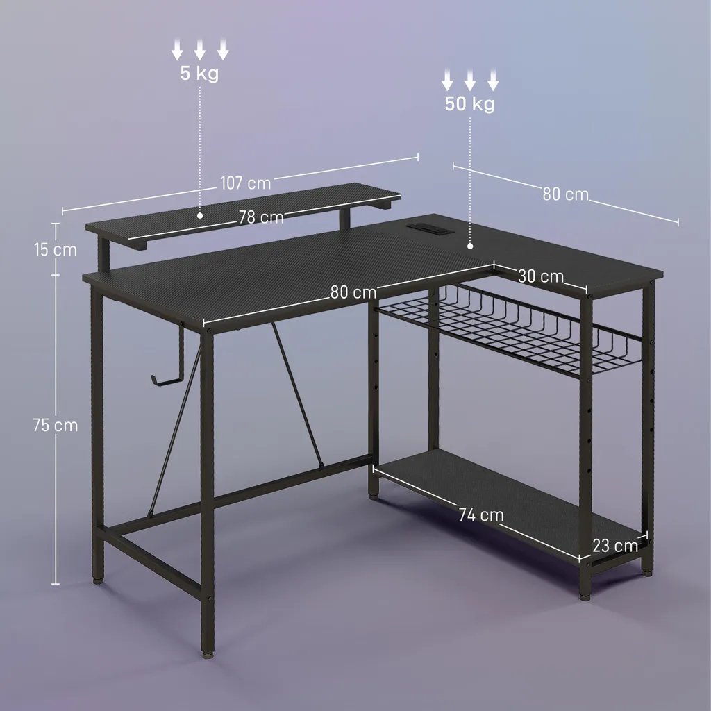 Bureau d'angle réversible HOMCOM avec LED et support d'écran noir