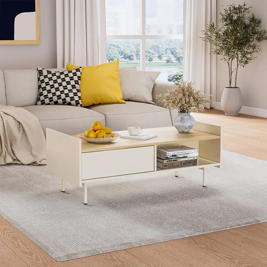 Vicco Velina Tavolino da Caffè con Cassetti - Eleganza Crema e Rovere 100x50