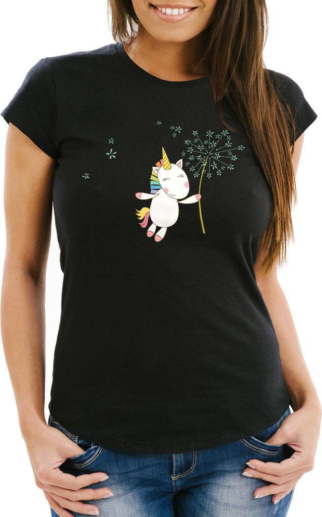 Damen T-Shirt Einhorn mit Pusteblume Unicorn with Dandelion Slim Fit Moonworks schwarz 3XL