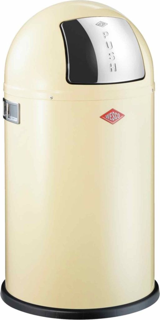 A cream-colored Wesco Mülleimer Pushboy Junior trash can is shown against a white background.
