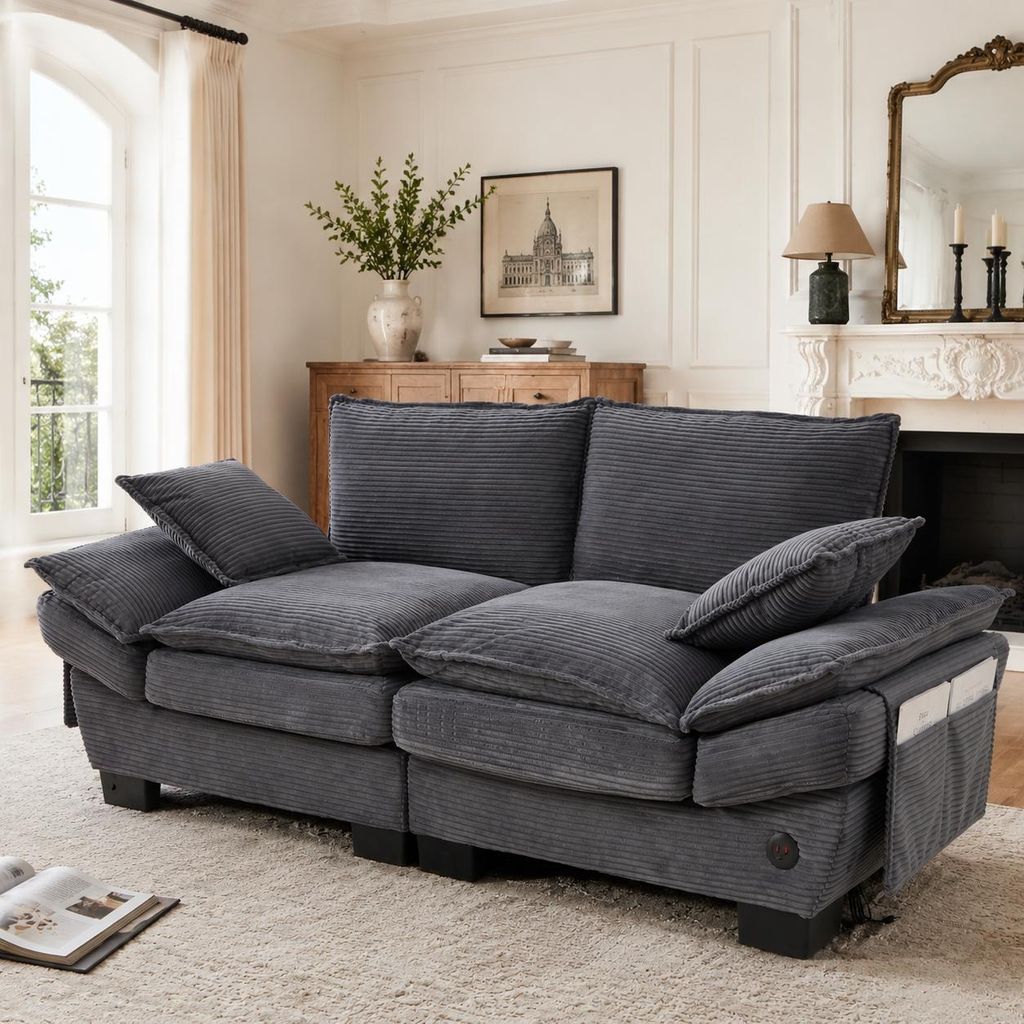 Cord Sofa 2 Sitzer Couch modular Polstersofa mit USB C Ladestation Seitentasche breite Sitzfläche ergonomisch Wohnzimmercouch Loveseat Dunkelgrau